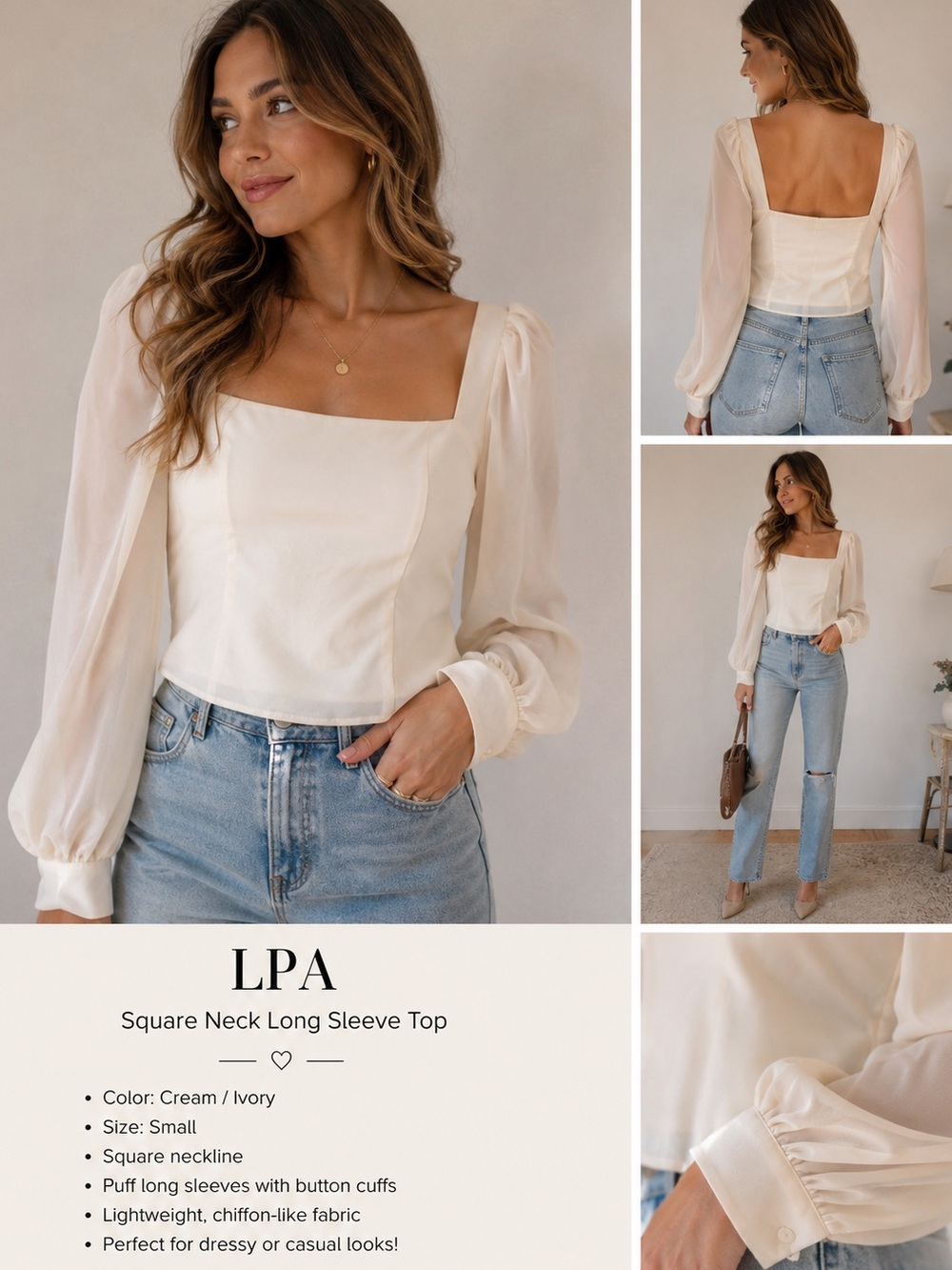 LPA Ivory Sheer Long Sleeve Blouse